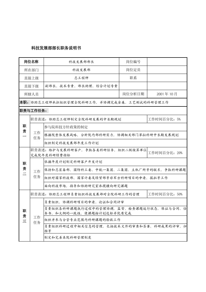 航材院科技发展部部长职务说明书