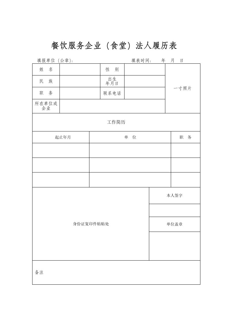 企业法人、企业负责人、食品安全管理员履历表