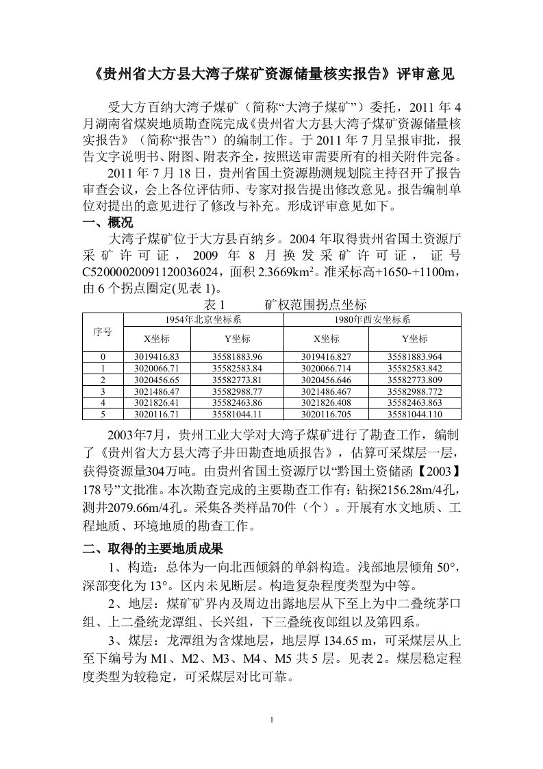 贵州省大方县大湾子煤矿资源储量核实报告正式审查意见(熊孟辉)