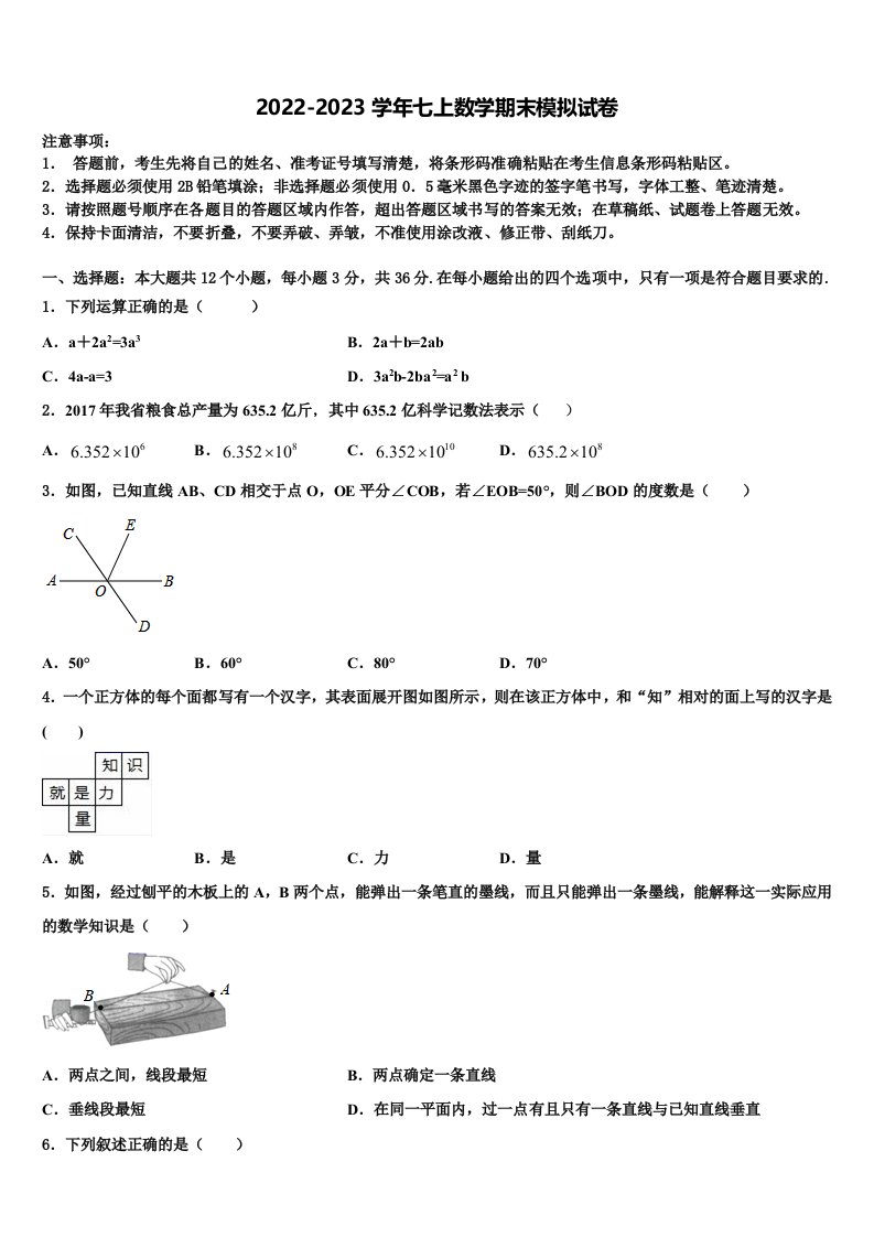 2022年山东省安丘市二中学七年级数学第一学期期末质量检测模拟试题含解析