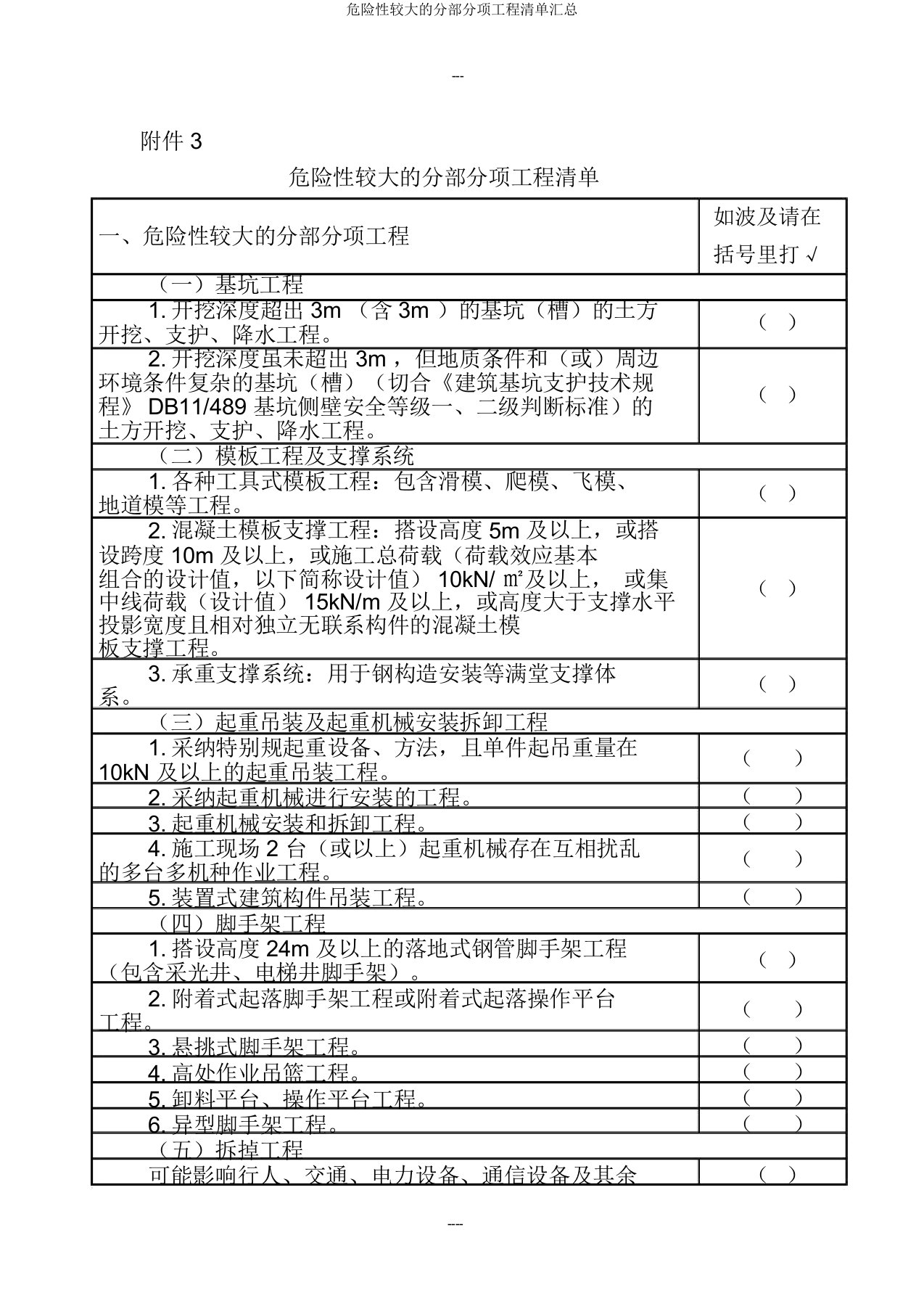 危险性较大分部分项工程清单汇总