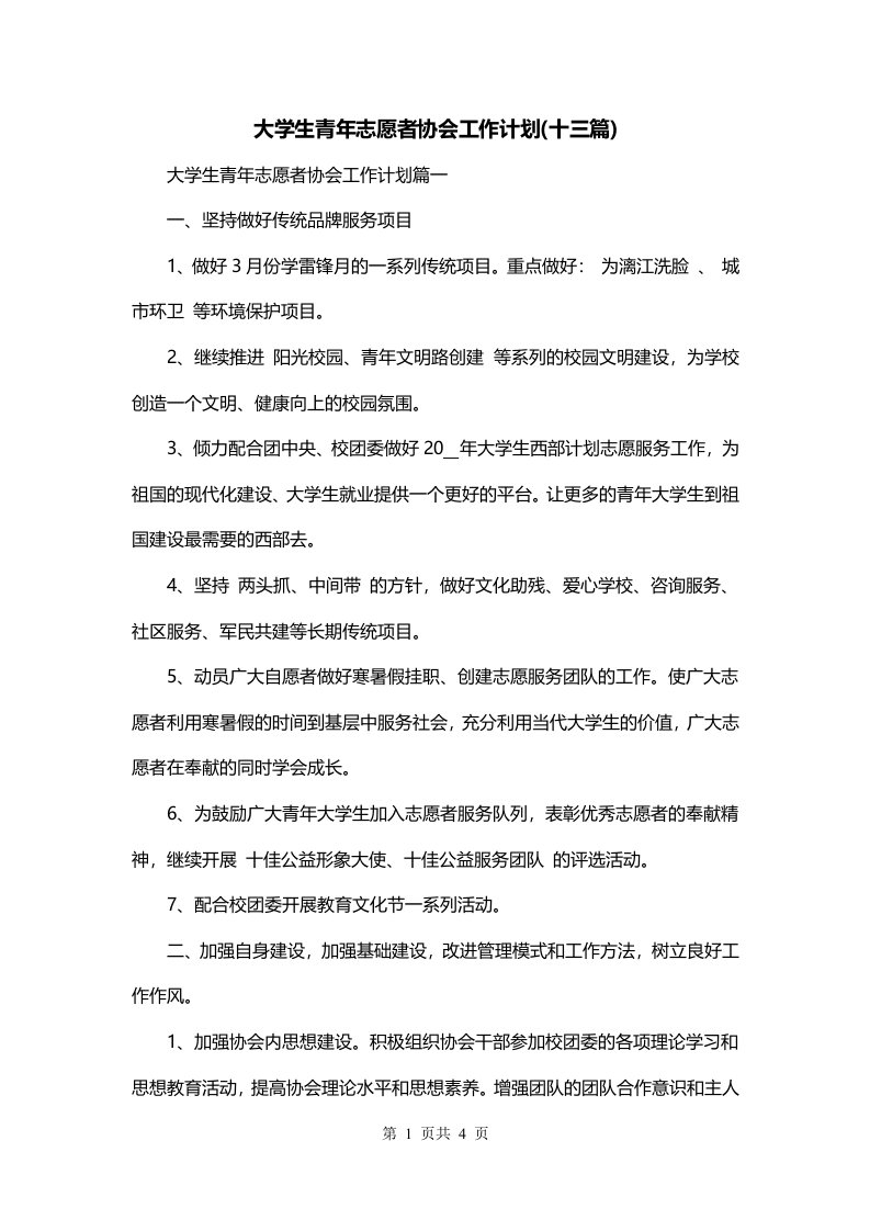 大学生青年志愿者协会工作计划十三篇