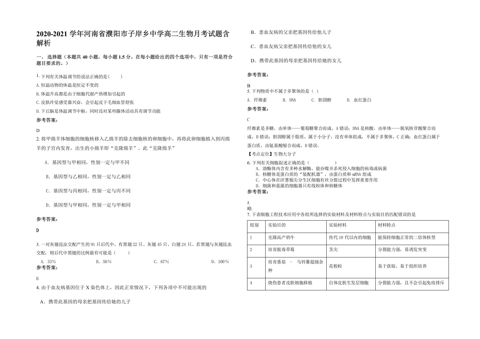 2020-2021学年河南省濮阳市子岸乡中学高二生物月考试题含解析