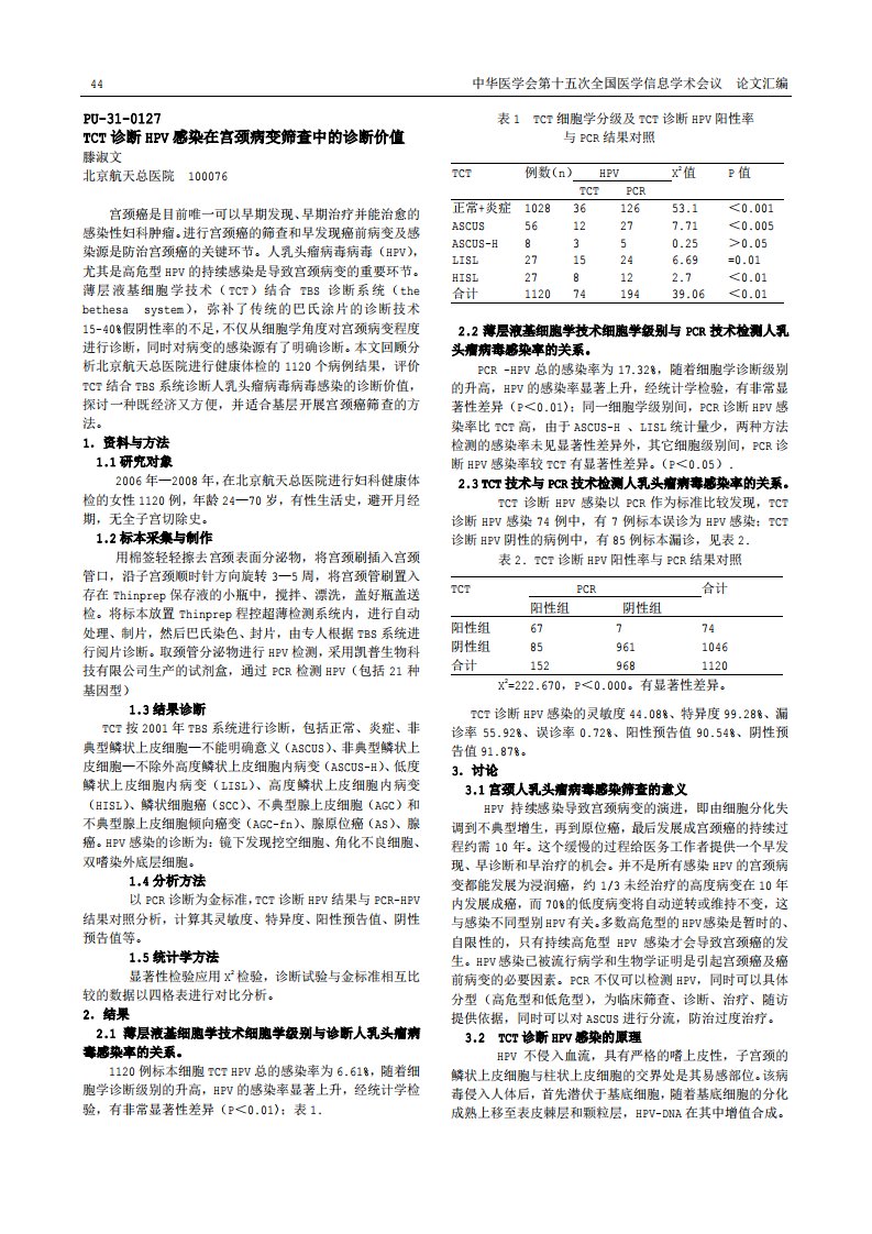 TCT诊断HPV感染在宫颈病变筛查中的诊断价值