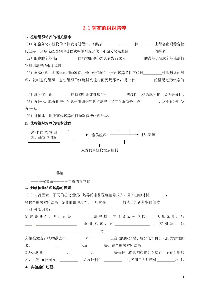 湖北省鄂州市2022年高考生物总复习3.1菊花的组织培养学案选修1