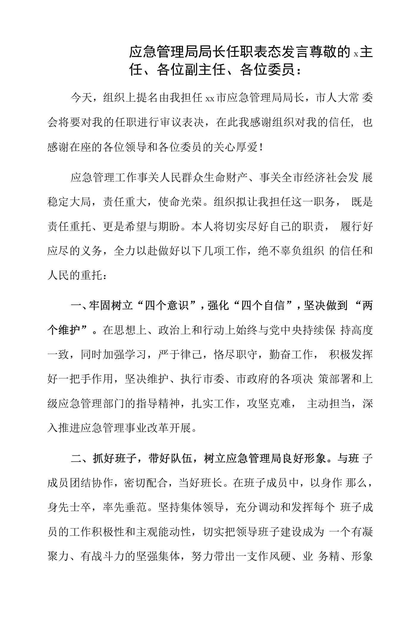 应急管理局局长任职表态发言