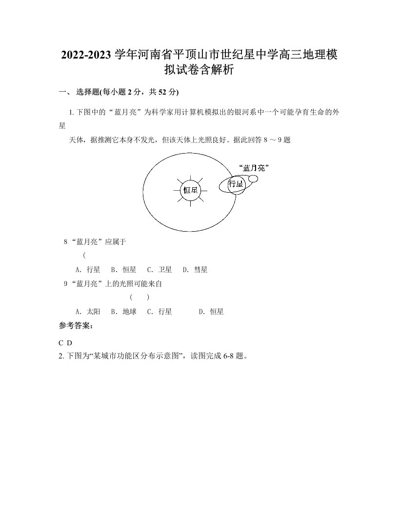 2022-2023学年河南省平顶山市世纪星中学高三地理模拟试卷含解析