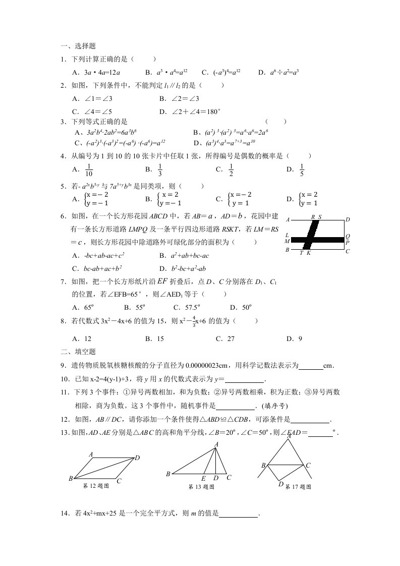 苏教初一下册数学复习题