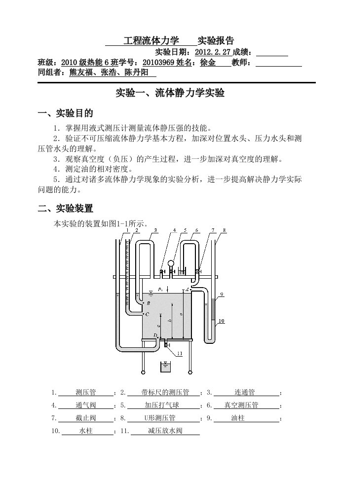 工程流体力学_流体静力学实验