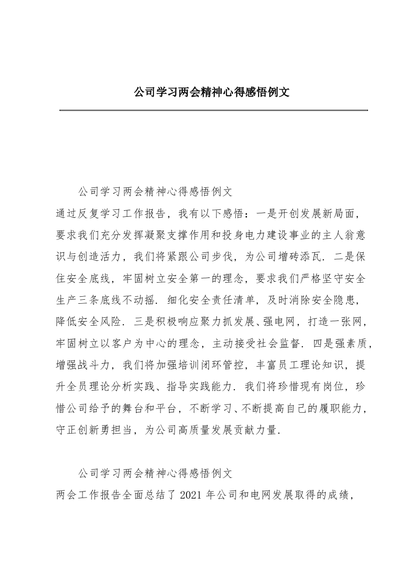 公司学习两会精神心得感悟例文