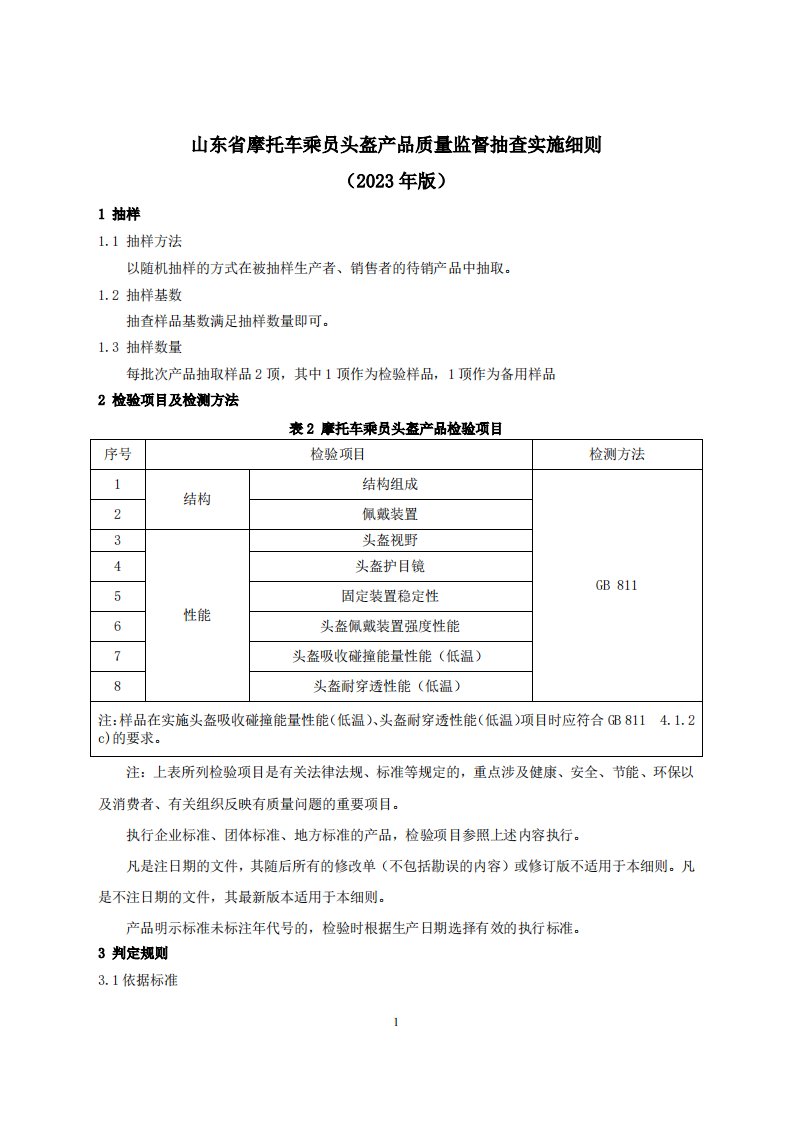 山东省摩托车乘员头盔产品质量监督抽查实施细则（2023年）