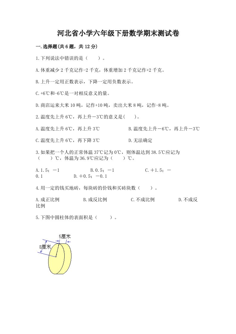 河北省小学六年级下册数学期末测试卷精品（夺冠系列）