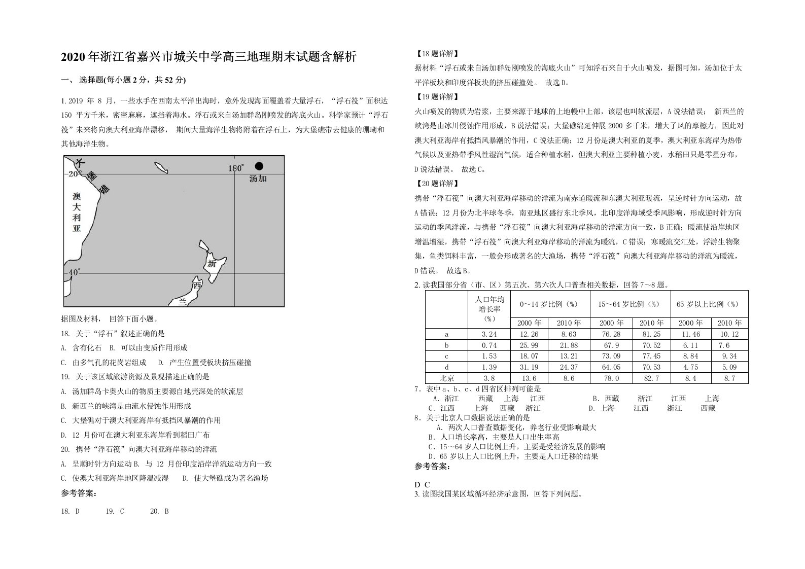 2020年浙江省嘉兴市城关中学高三地理期末试题含解析