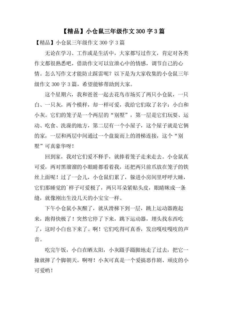 小仓鼠三年级作文300字3篇