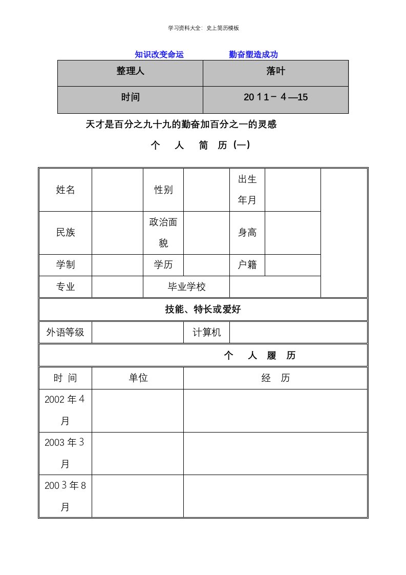 学习资料大全：史上简历模板