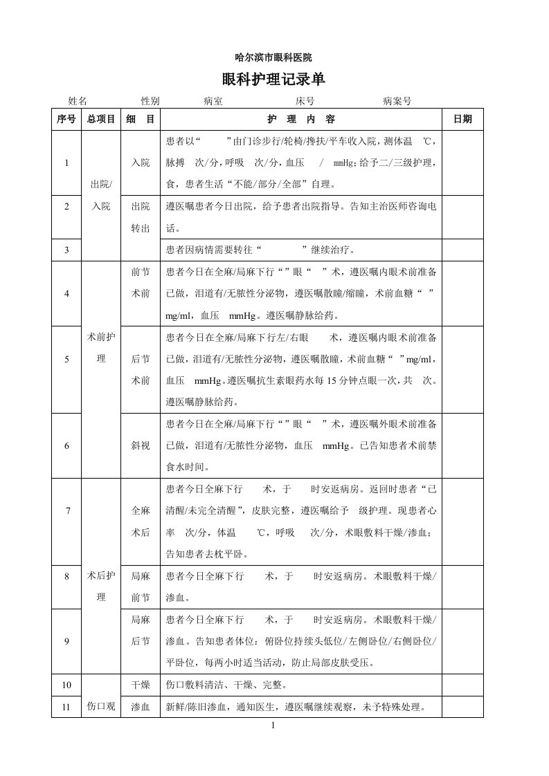 眼科护理记录单