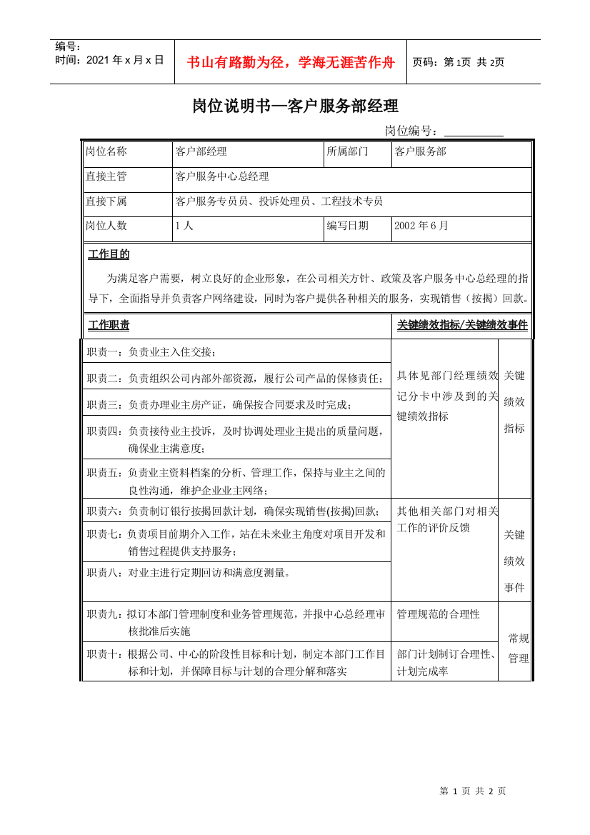 客户部经理岗位说明书-样例