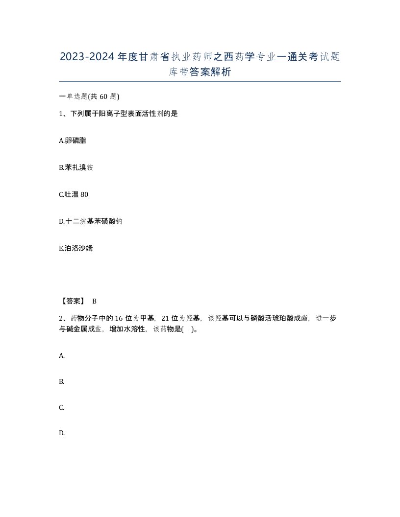 2023-2024年度甘肃省执业药师之西药学专业一通关考试题库带答案解析