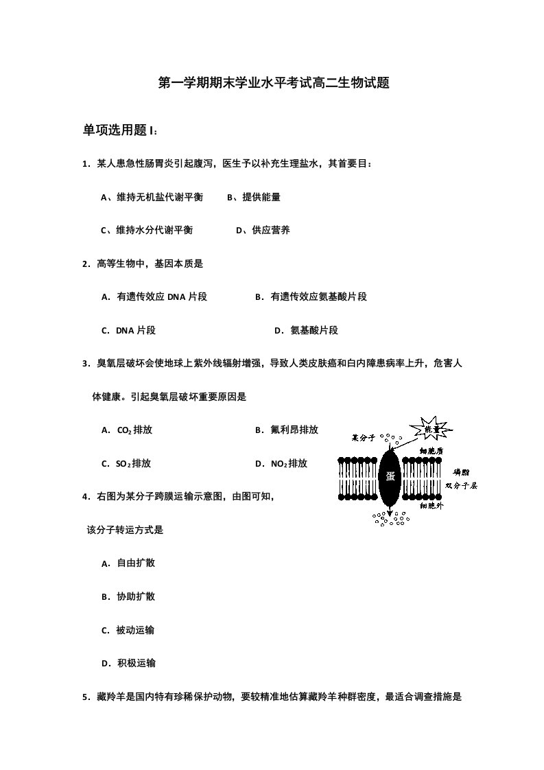 2024年第一学期期末学业水平考试高二生物试题