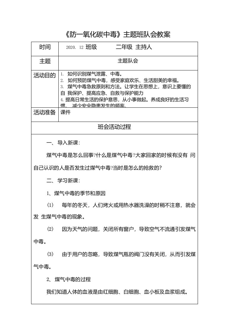 主题班会教案防一氧化碳中毒