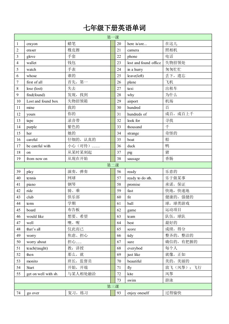 新外研版英语七年级下册单词表