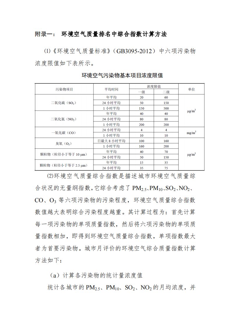 附录一环境空气质量排名中综合指数计算方法⑴环境空气质量标准