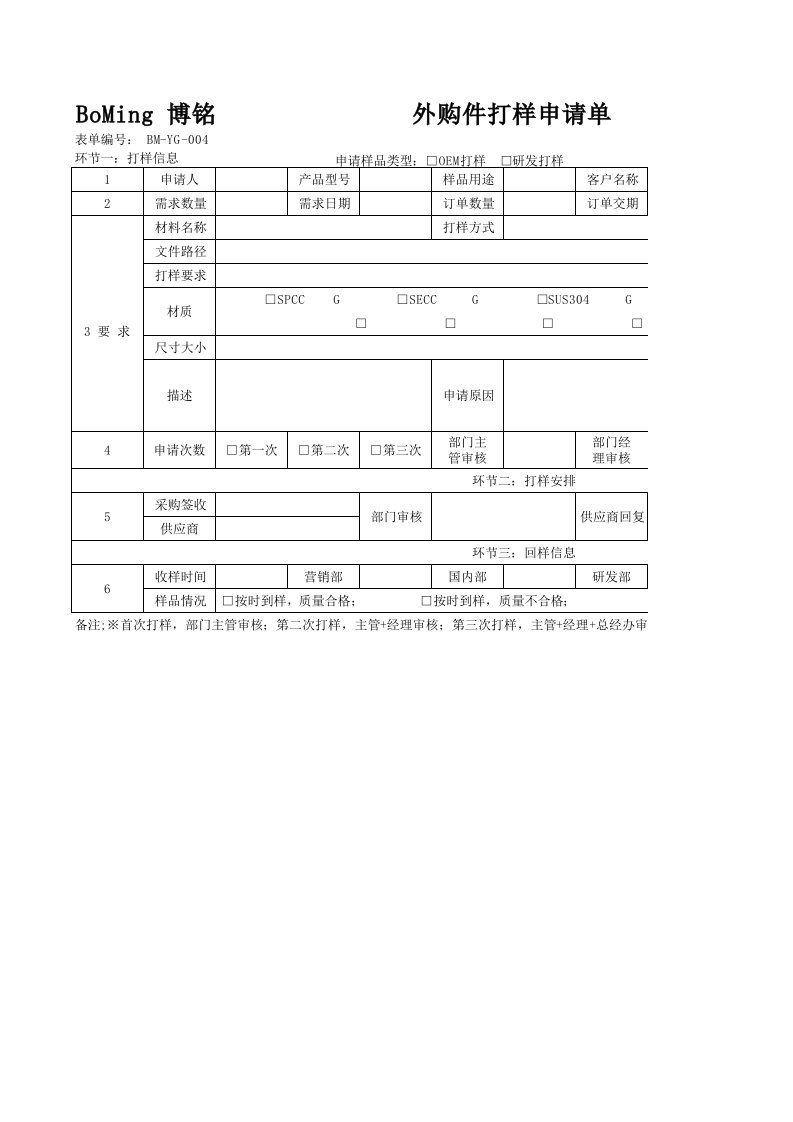 外购件打样申请单