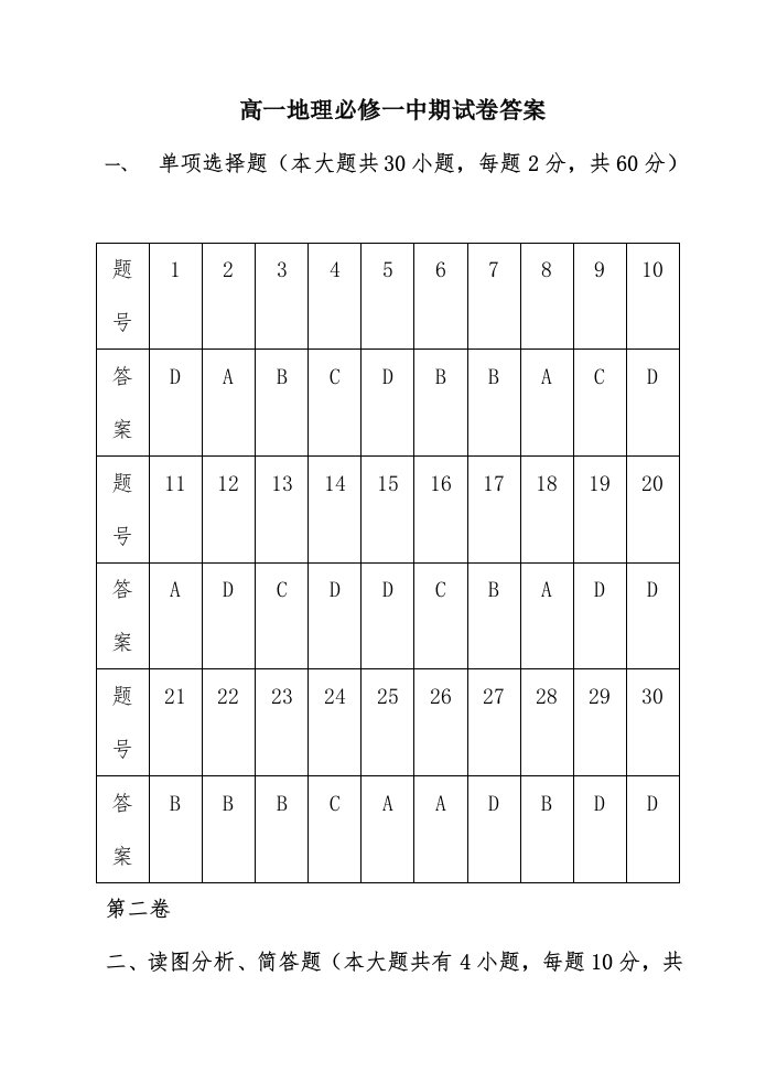 高一地理必修一中期试卷答案