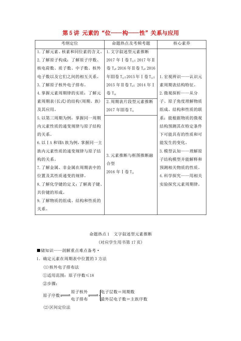 高考化学二轮复习专题2化学基本理论第5讲元素的“位--构--性”关系与应用学案