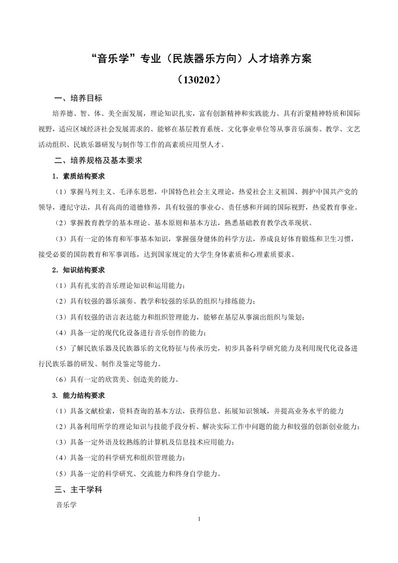 音乐学专业民族器乐方向人才培养方案