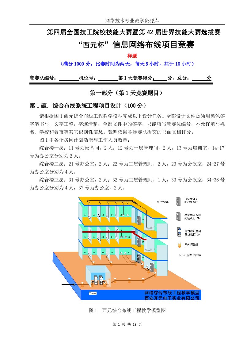 第四届全国技工院校技能大赛暨第42届世界技能大赛选拔赛_西元杯信息网络布线项目竞赛__样题（含评分标准）