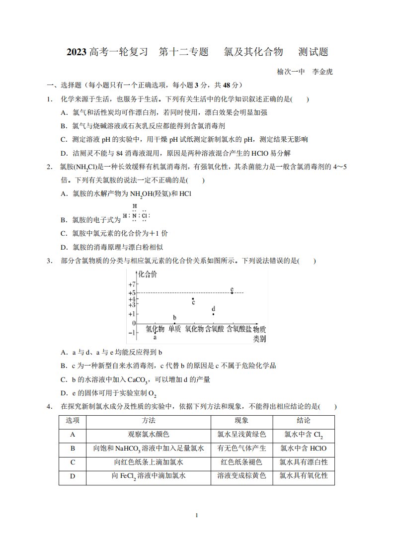 2023届高三化学高考备考一轮复习第十二专题