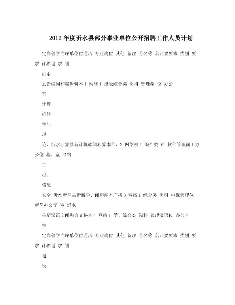 2012年度沂水县部分事业单位公开招聘工作人员计划