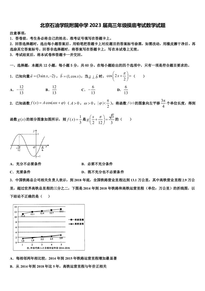 北京石油学院附属中学2023届高三年级摸底考试数学试题