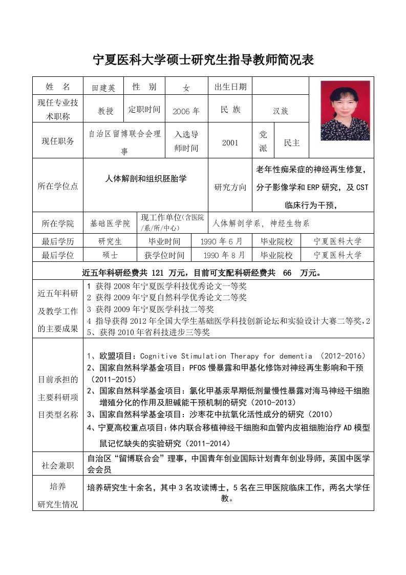 宁夏医科大学硕士研究生指导教师简况表