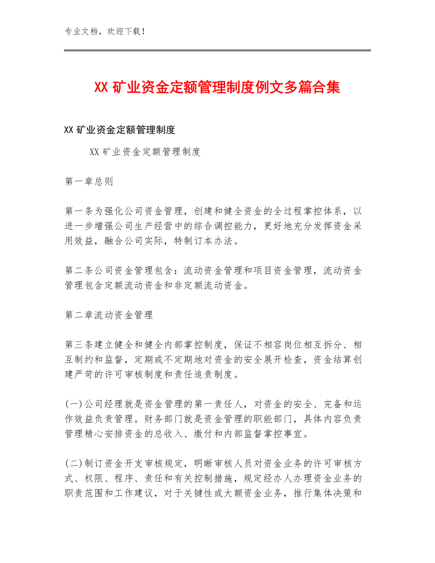 XX矿业资金定额管理制度例文多篇合集