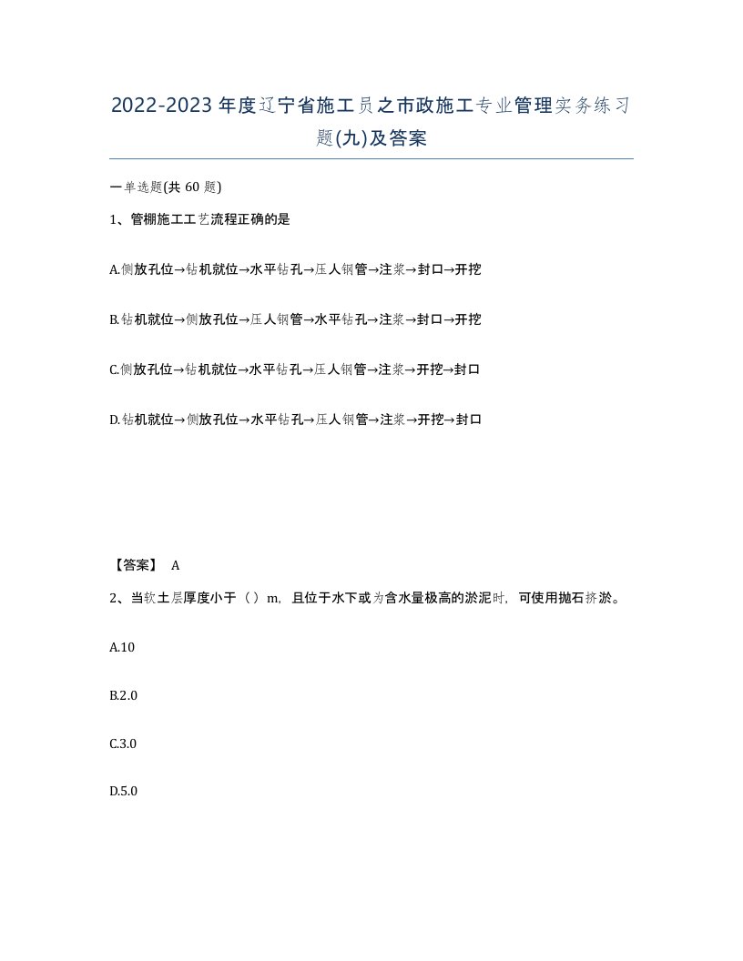 2022-2023年度辽宁省施工员之市政施工专业管理实务练习题九及答案