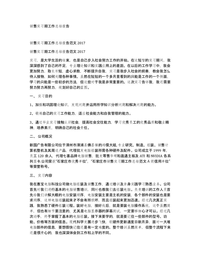 销售实习期工作总结报告