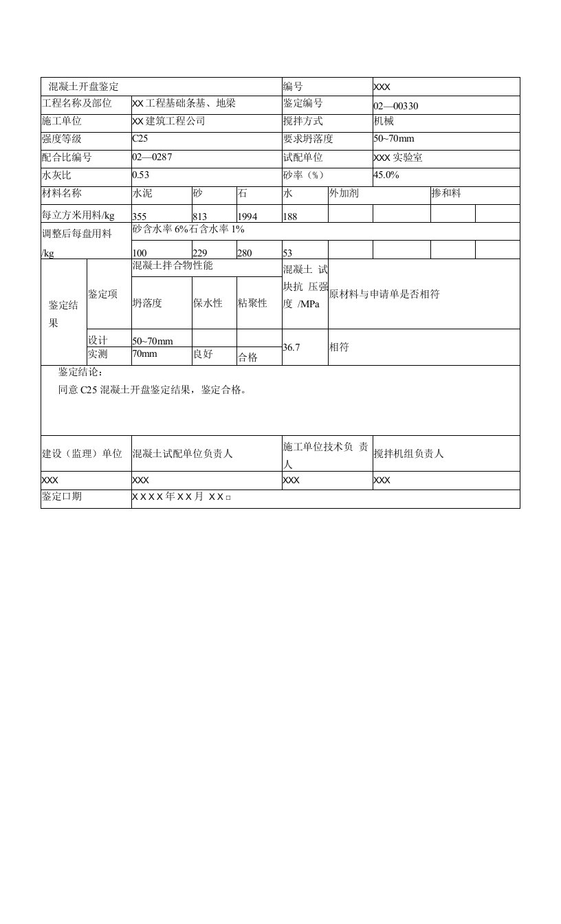 混凝土开盘鉴定表