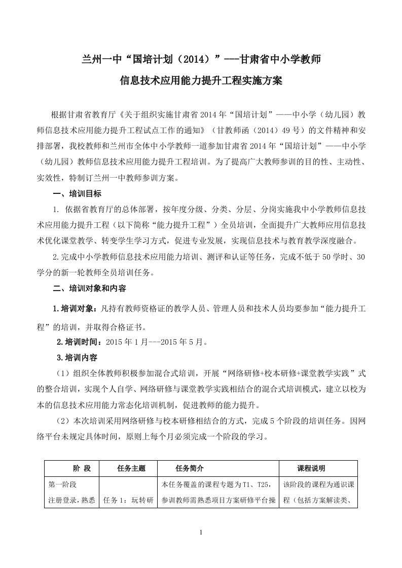 兰州一中全体教师参加信息技术素养提升工程培训方案