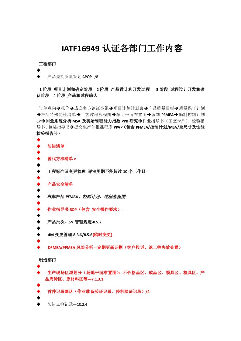 IATF16949-2016各部门准备资料清单