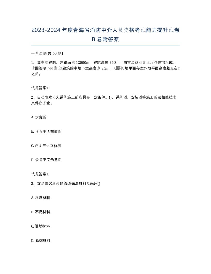 2023-2024年度青海省消防中介人员资格考试能力提升试卷B卷附答案