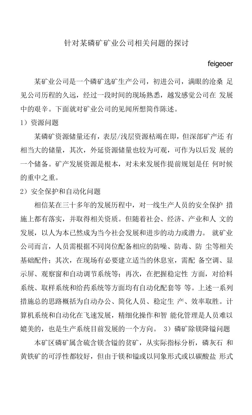 针对磷矿矿业公司相关问题的探讨