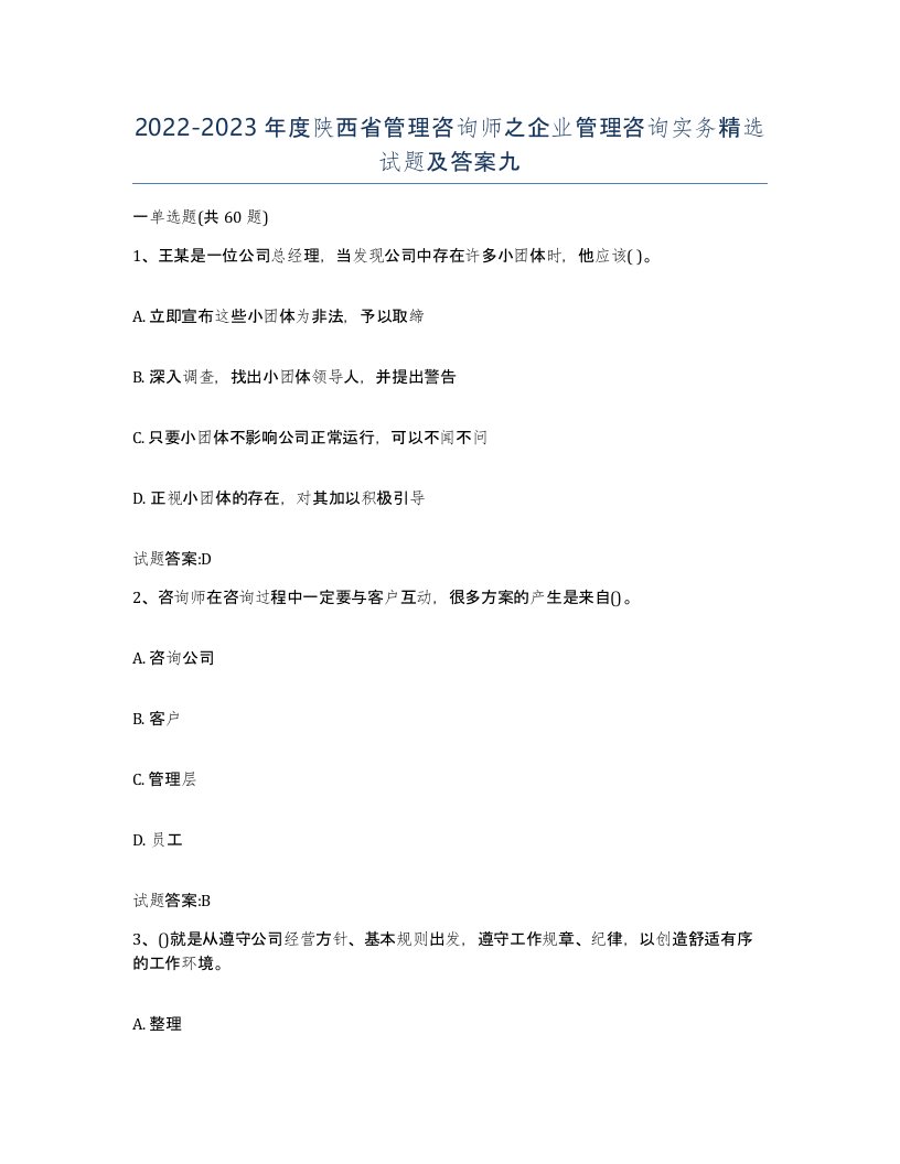 2022-2023年度陕西省管理咨询师之企业管理咨询实务试题及答案九