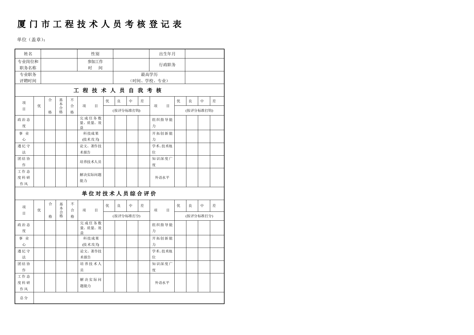 厦门市工程技术人员考核登记表