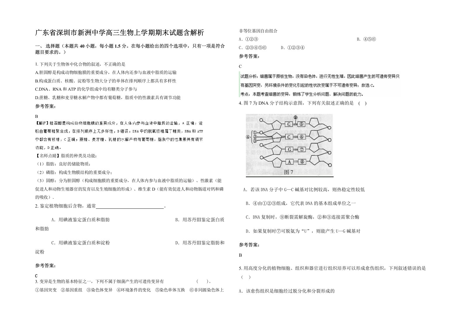 广东省深圳市新洲中学高三生物上学期期末试题含解析