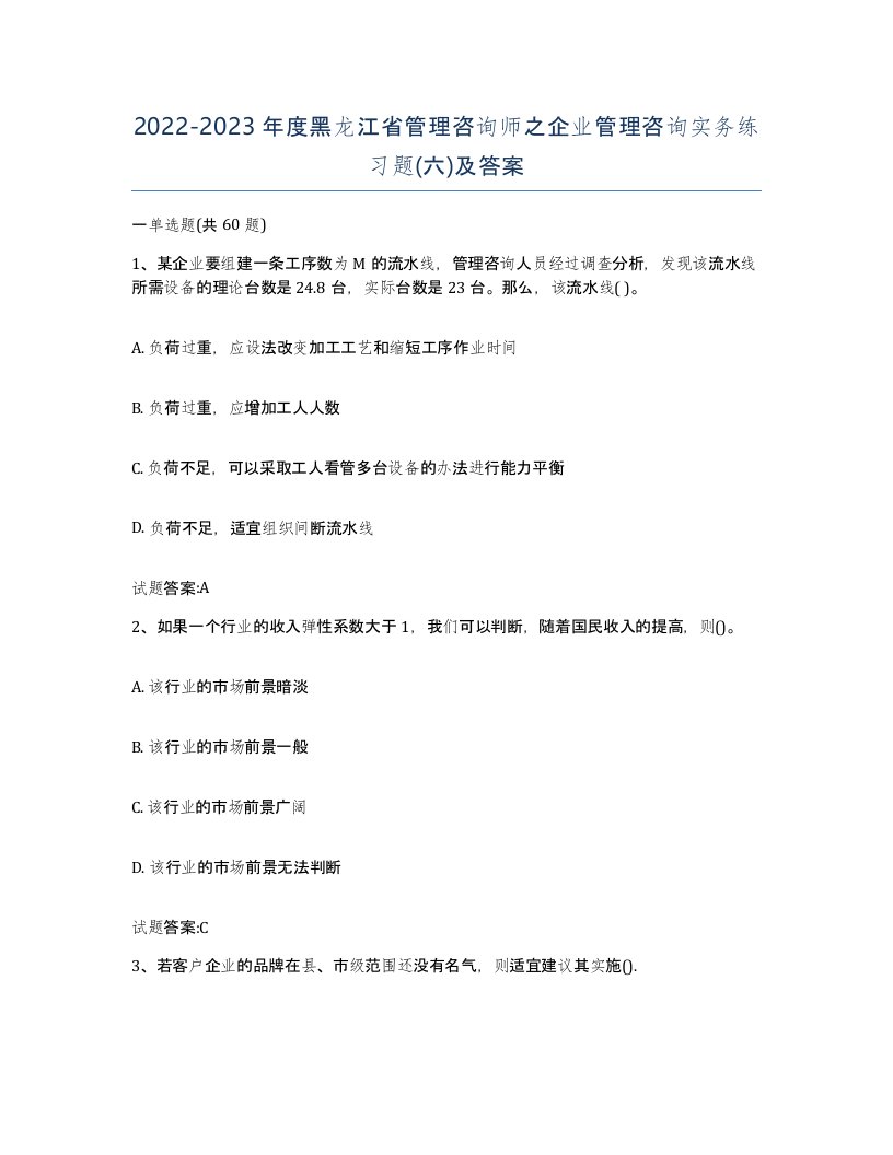 2022-2023年度黑龙江省管理咨询师之企业管理咨询实务练习题六及答案