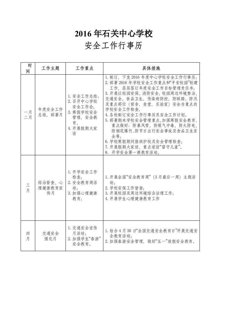 2016年石关中心学校安全工作行事历