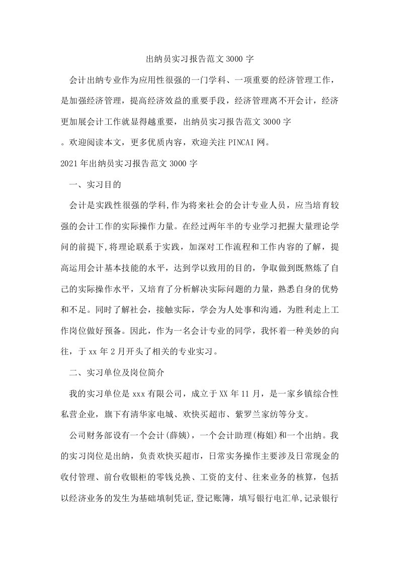 出纳员实习报告范文3000字