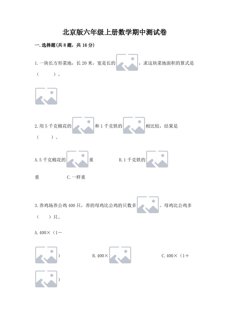 北京版六年级上册数学期中测试卷含完整答案（历年真题）